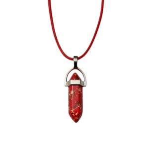 Red Jasper Chakra Healing Crystal Point Pendant Necklace with Red Waxed Cord